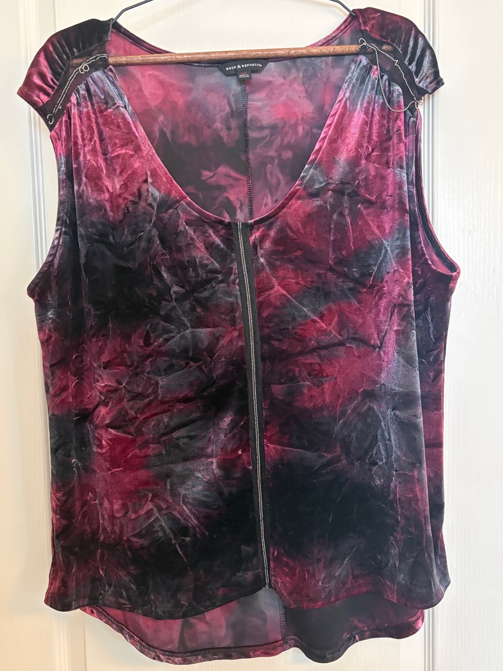 Rock & Republic Crushed Velvet Beaded Front Tank XL Burgundy Black Grunge FLAWS